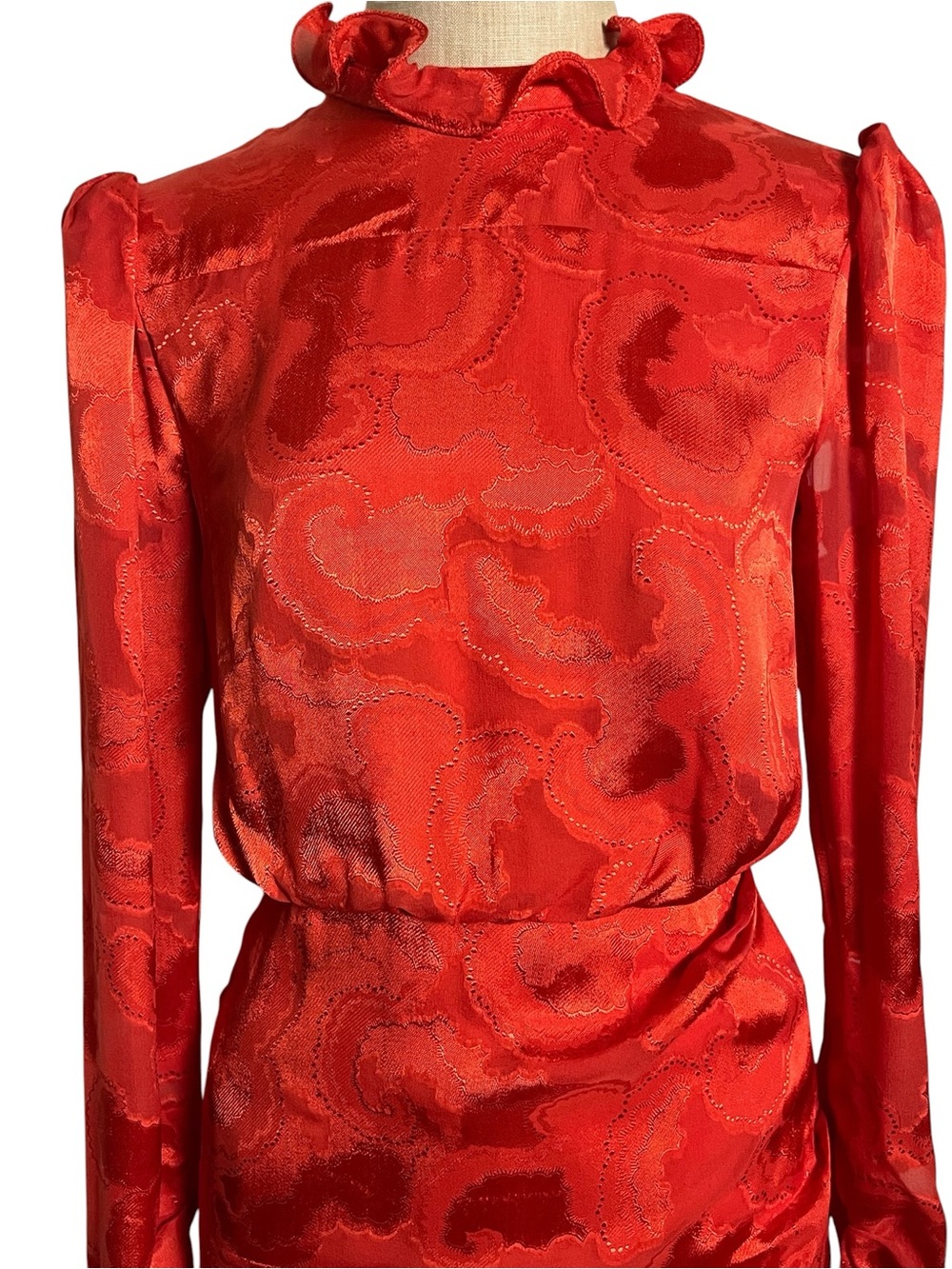 Saloni Rina B Mini Dress Women's Silk Jacquard Ruffle Puff Sleeve Poppy Red 4 - Picture 3 of 14